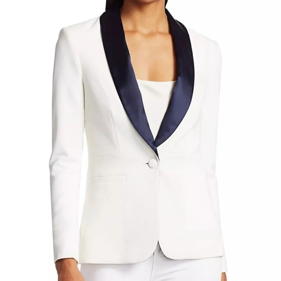 L'Agence Contrast Lapel White Navy Blue Smoking Blazer Jacket Satin One Button 4 - Picture 1 of 14